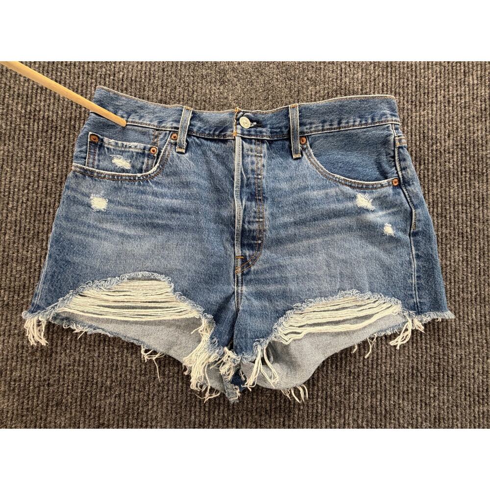 Levi's 501 Cutoff Denim Shorts Womens W33 Blue Distressed Button Fly Frayed